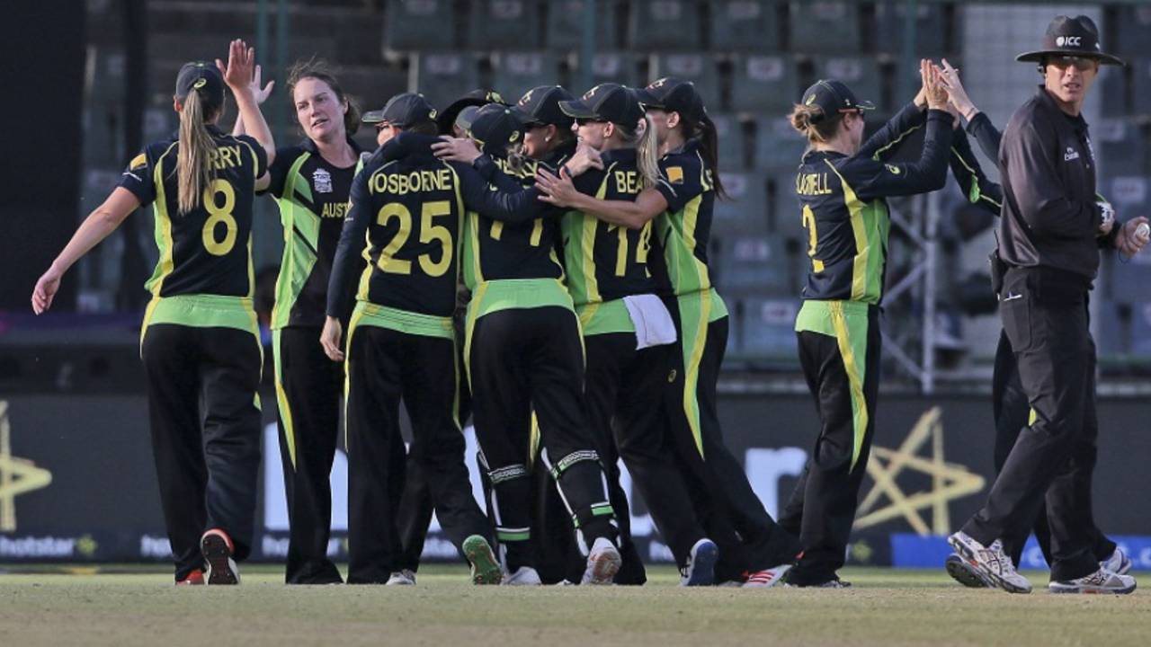 Australia celebrate after making their fourth successive Women's World T20 final, Australia v England, Women's World T20 2016, 1st semi-final, Delhi, March 30, 2016