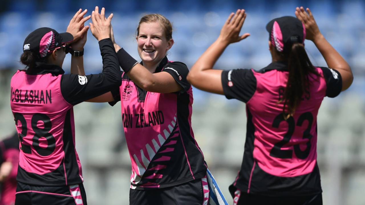 Morna Nielsen celebrates the wicket of Hayley Matthews, New Zealand v West Indies, Women's World T20, semi-final, Mumbai, March 31, 2016