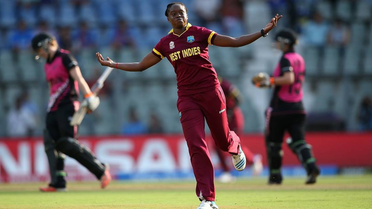 Shaquana Quintyne celebrates the scalp of Kate Perkins, New Zealand v West Indies, Women's World T20, semi-final, Mumbai, March 31, 2016