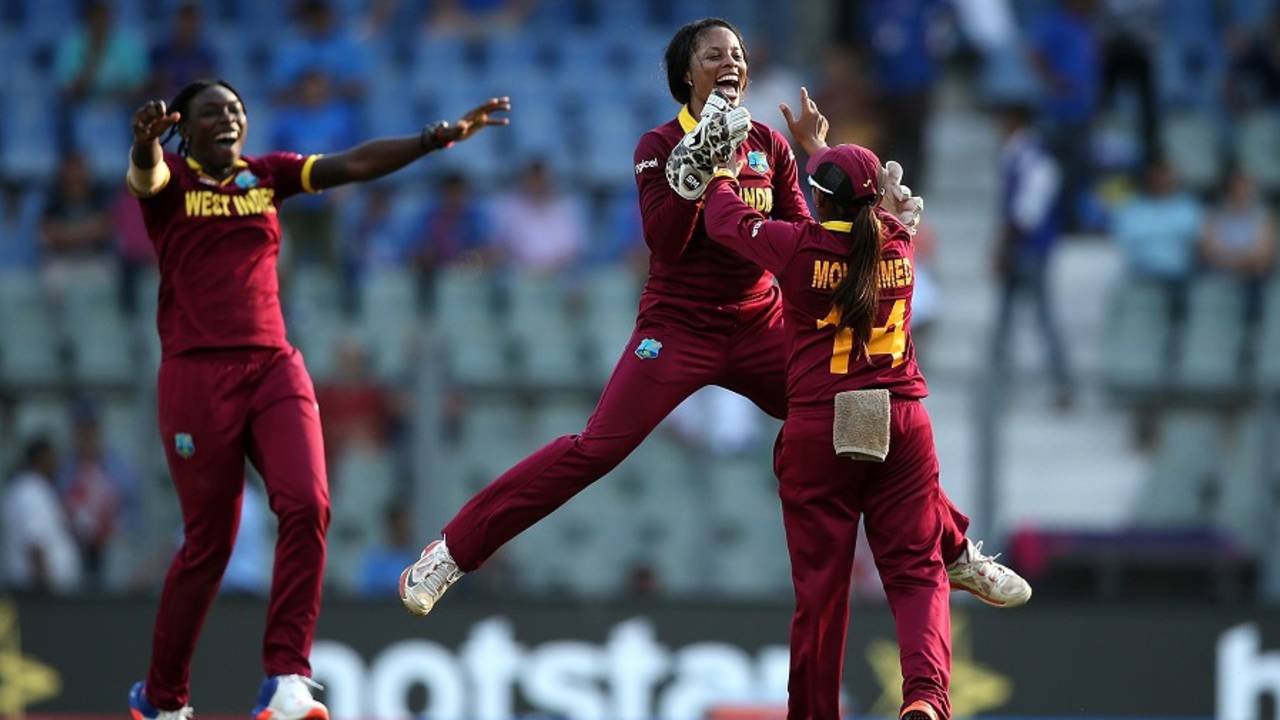 Merissa Aguilleira jumps up in delight as she celebrates West Indies' six-run win, New Zealand v West Indies, Women's World T20, semi-final, Mumbai, March 31, 2016