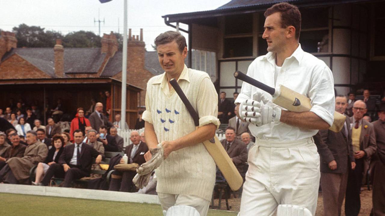 Jim Parks and Ted Dexter walk out to bat for Sussex, July 1956
