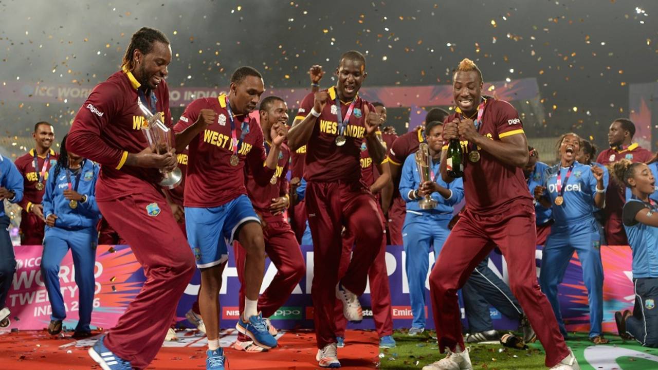 Chris Gayle, Dwayne Bravo, Daren Sammy and Andre Russell shake a leg, England v West Indies, World T20, final, Kolkata, April 3, 2016 
