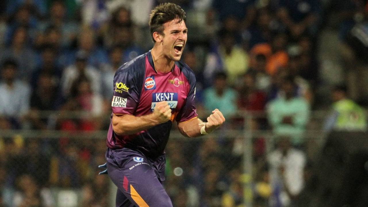 Mitchell Marsh is pumped up after picking up a wicket, Mumbai Indians v Rising Pune Supergiants, IPL 2016, Mumbai, April 9, 2016
