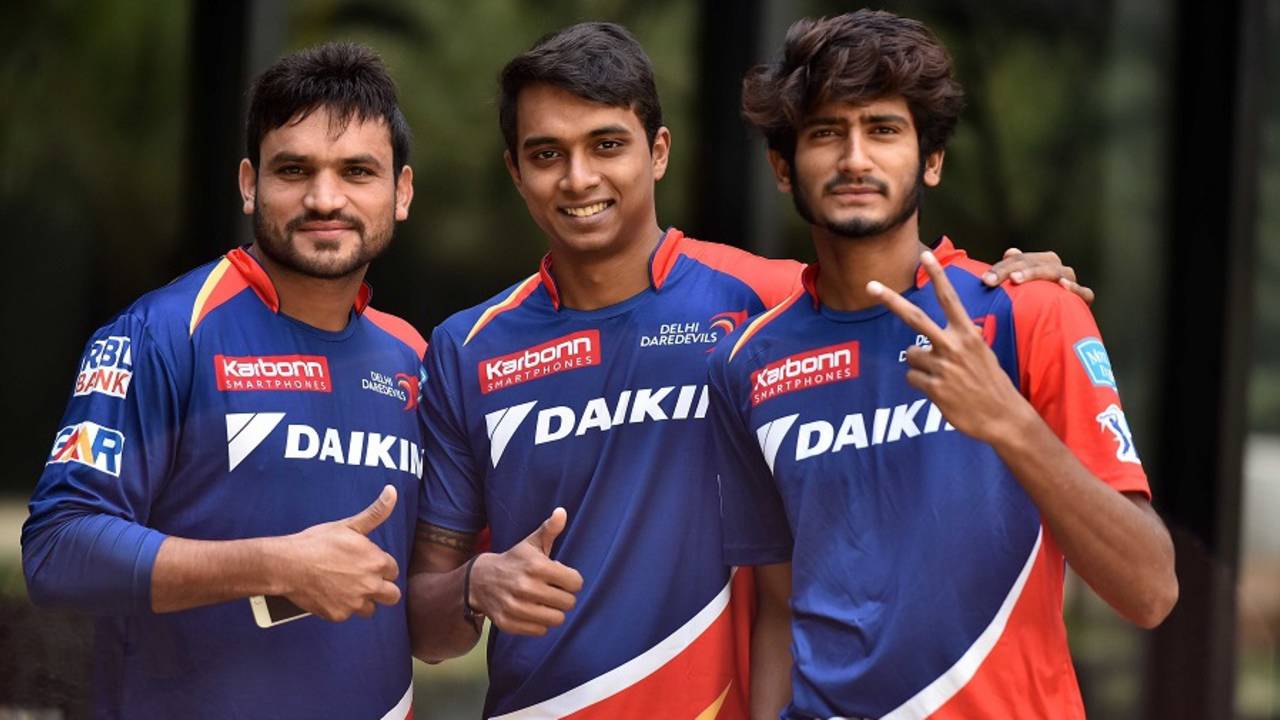 Pawan Suyal, Chama Milind and Khaleel Ahmed pose for a photograph, Delhi, IPL 2016, April 13, 2016