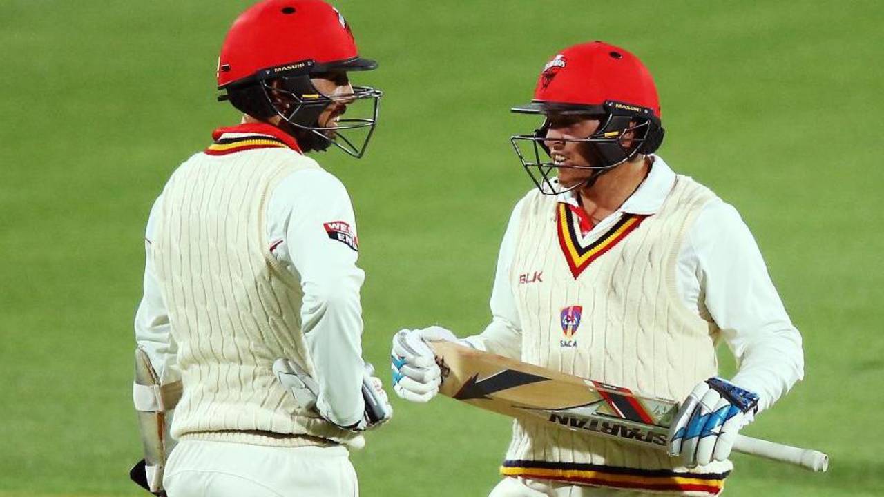 Tom Cooper and Mark Cosgrove batting together, South Australia v Victoria, Sheffield Shield, Adelaide, 1st day, February 14, 2016