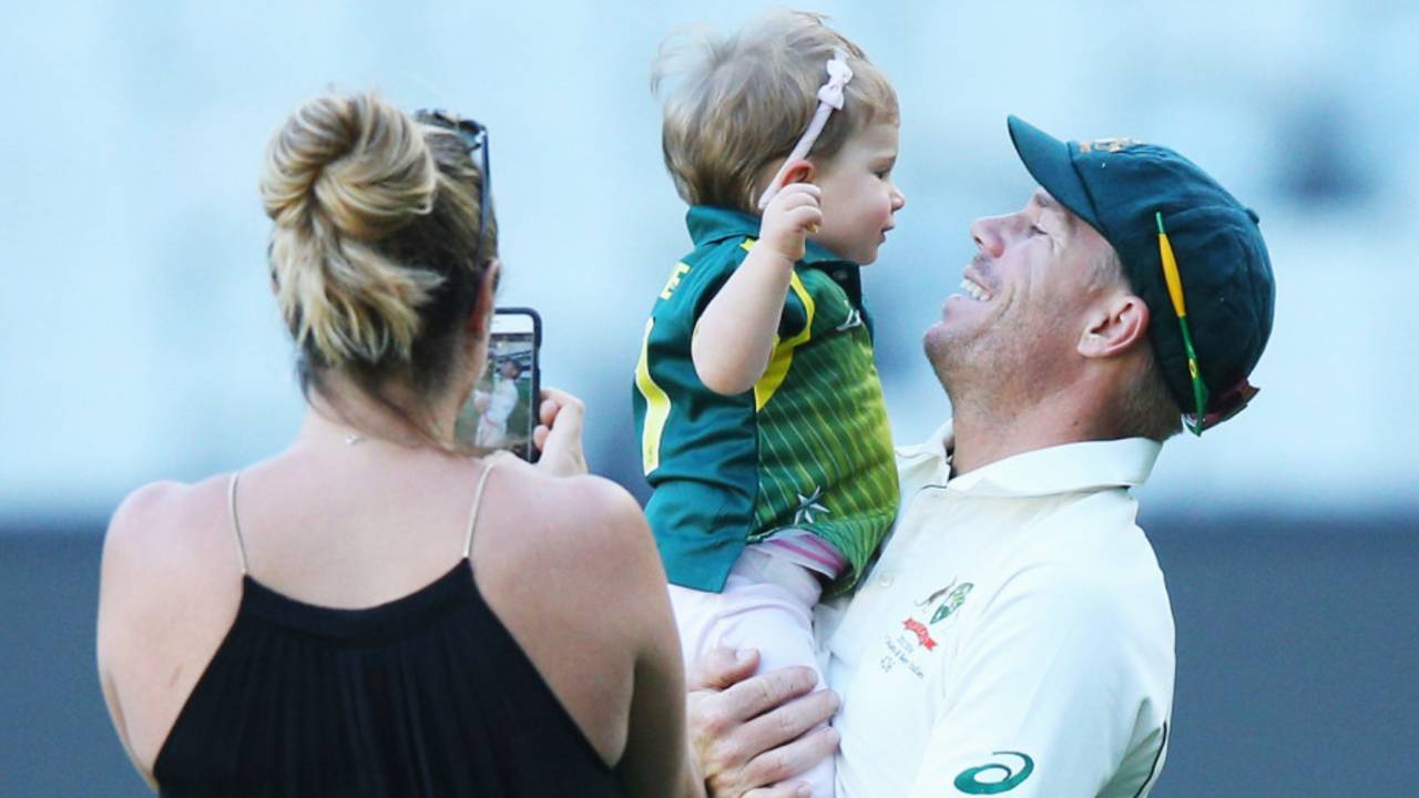 David Warner plays with his daughter Ivy while his wife, Candice, takes a photo of them, Australia v West Indies, 2nd Test, Melbourne, 4th day, December 29, 2015
