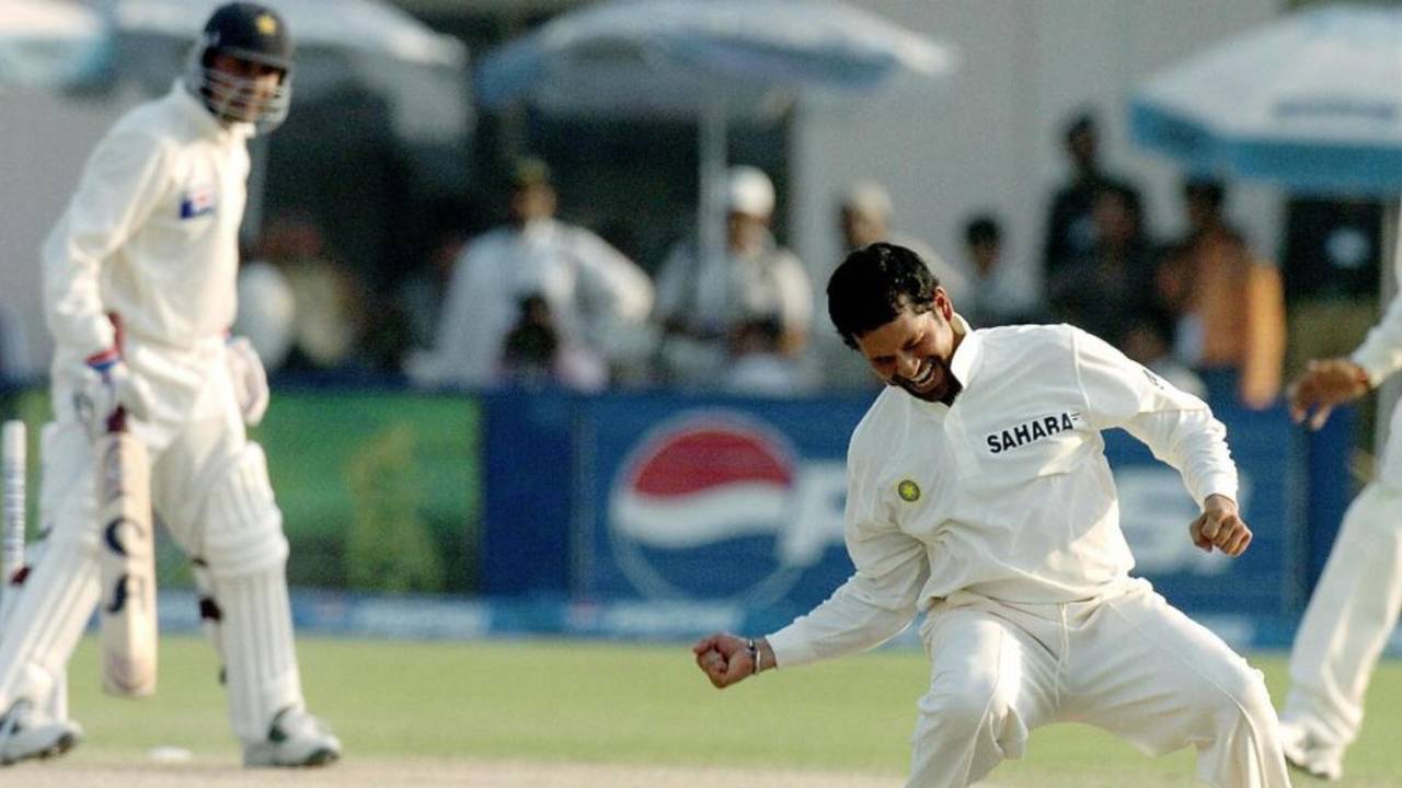 Sachin Tendulkar celebrates the dismissal of Moin Khan, Pakistan v India, 1st Test, Multan, 3rd day, March 30, 2004