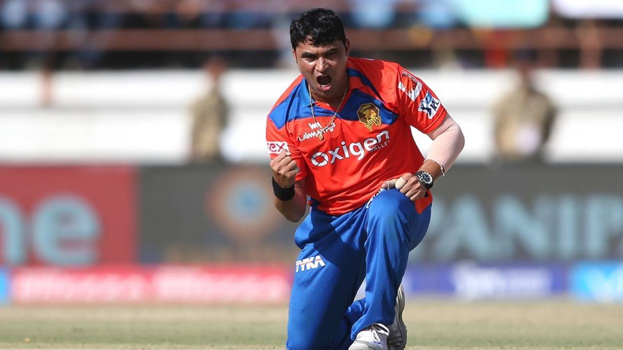 Pravin Tambe is pumped up after taking the big wicket of AB de Villiers, Gujarat Lions v Royal Challengers Bangalore, IPL 2016, Rajkot, April 24, 2016