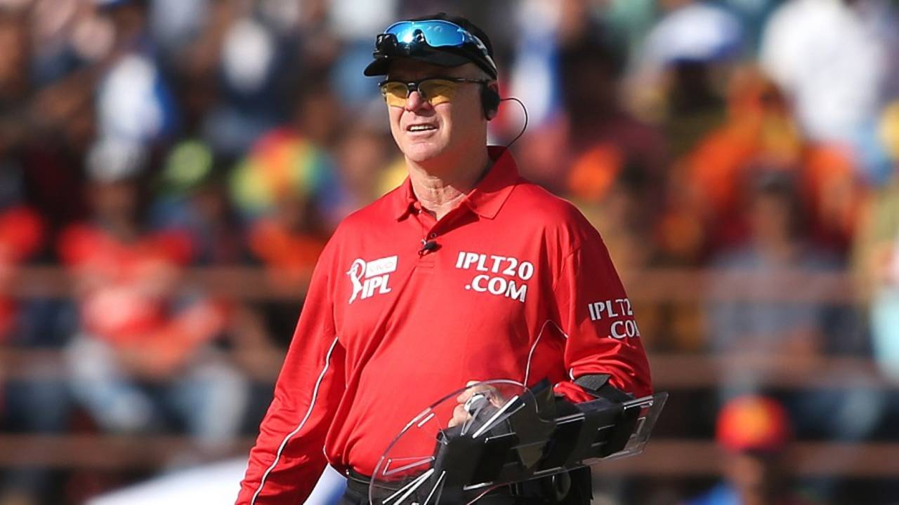 Umpire Bruce Oxenford wears a shield for protection, Gujarat Lions v Royal Challengers Bangalore, IPL 2016, Rajkot, April 24, 2016