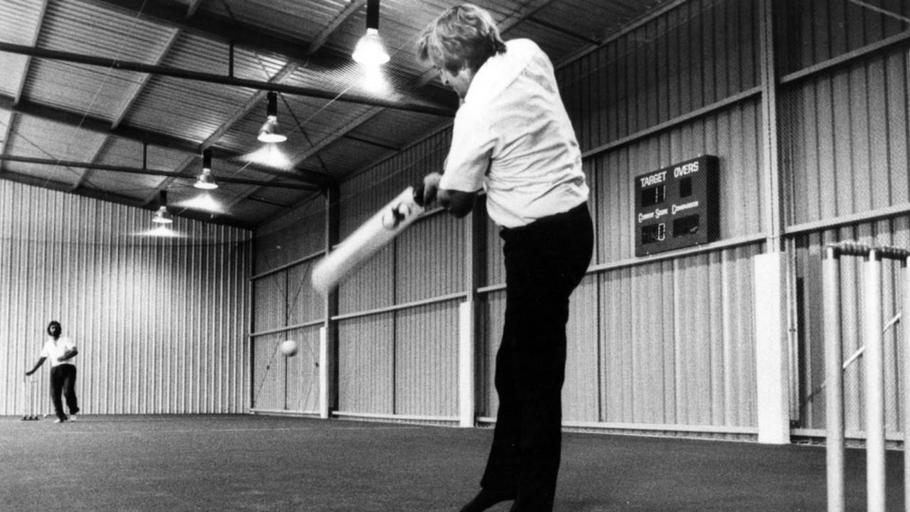 Gary Gilmour tries out the wicket at the new Cardiff Indoor Cricket centre, February 7, 1983