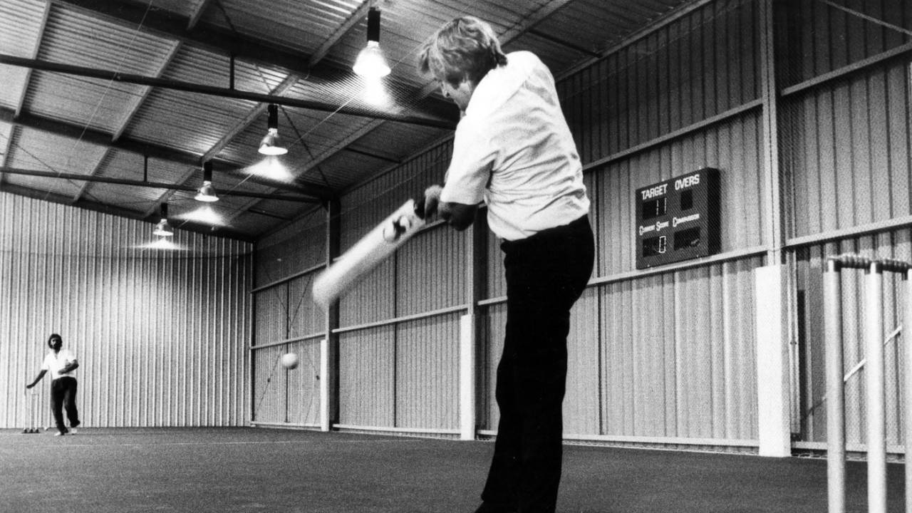 Gary Gilmour tries out the wicket at the new Cardiff Indoor Cricket centre, February 7, 1983