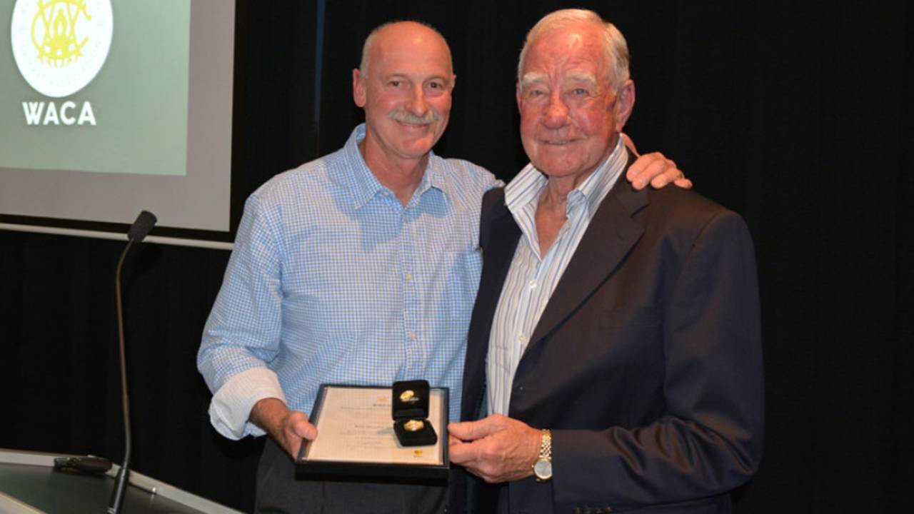 Keith Slater, a former Western Australia allrounder and Test player, receives an honorary life membership of the WACA from Dennis Lillee, 2013