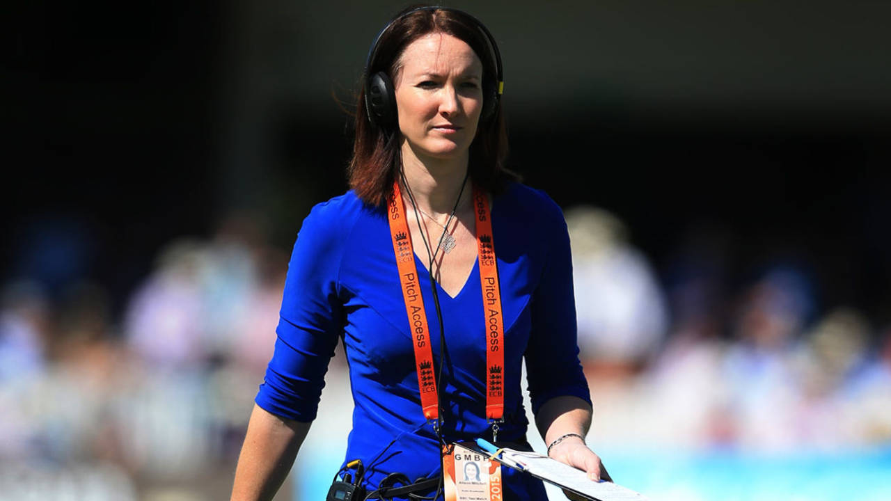 BBC Test Match Special commentator Alison Mitchell walks across the ground, England v Australia, second Test, day three, Lord's, July 18, 2015