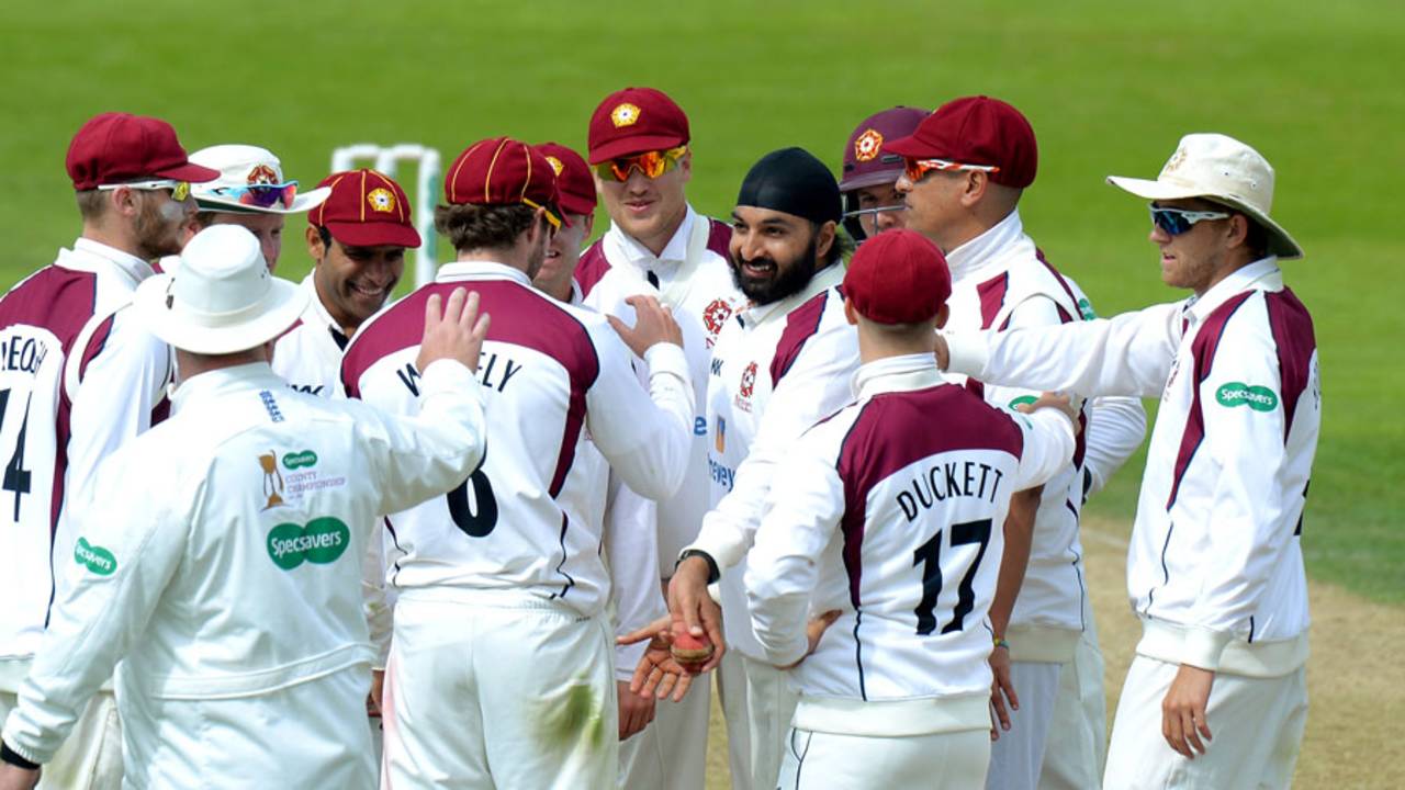 Monty Panesar celebrates his first wicket, Northamptonshire v Kent, County Championship, Division Two, Wantage Road, 1st day, May 15, 2016