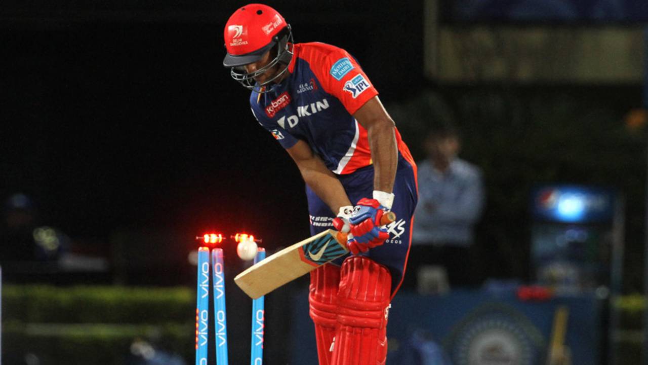 Mayank Agarwal plays onto his stumps, Mumbai Indians v Delhi Daredevils, IPL 2016, Visakhapatnam, May 15, 2016