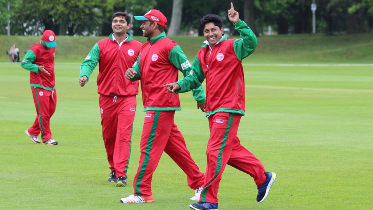 Noorul Riaz celebrates a goal during warm-ups, Jersey v Oman, ICC World Cricket League Division Five, St Saviour, May 21, 2016