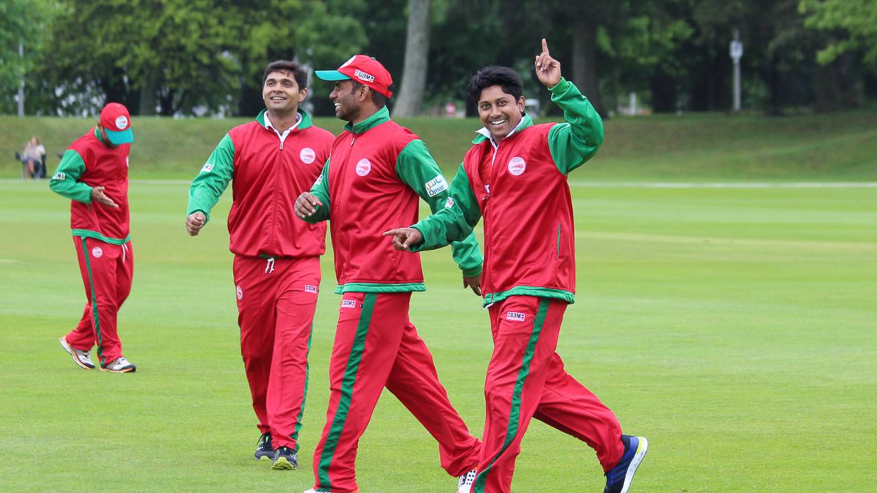 Noorul Riaz celebrates a goal during warm-ups, Jersey v Oman, ICC World Cricket League Division Five, St Saviour, May 21, 2016