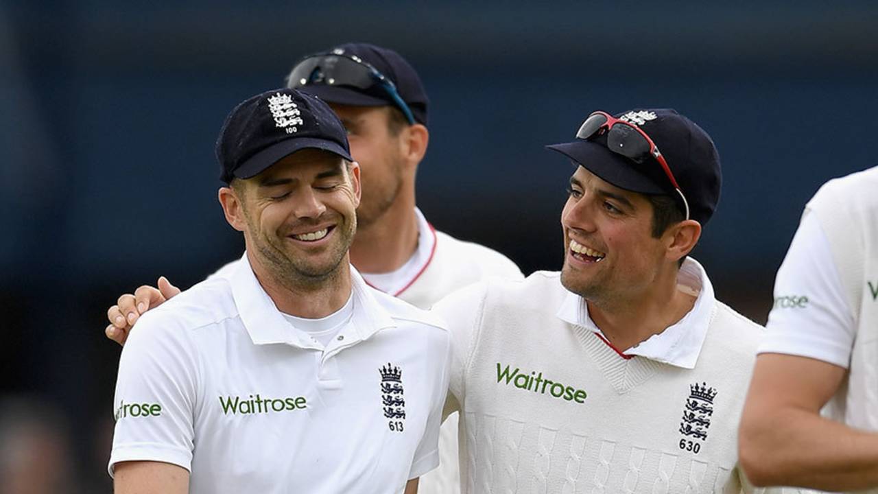 James Anderson and Alastair Cook celebrate victory in the first Test, England v Sri Lanka, 1st Test, Headingley, 3rd day, May 21, 2016