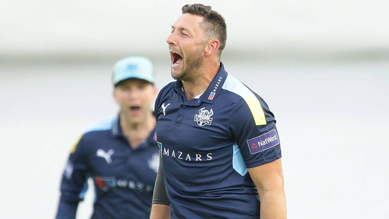Tim Bresnan roars in celebration, Yorkshire v Leicestershire, NatWest T20 Blast, North Group, Headingley, May 27, 2016