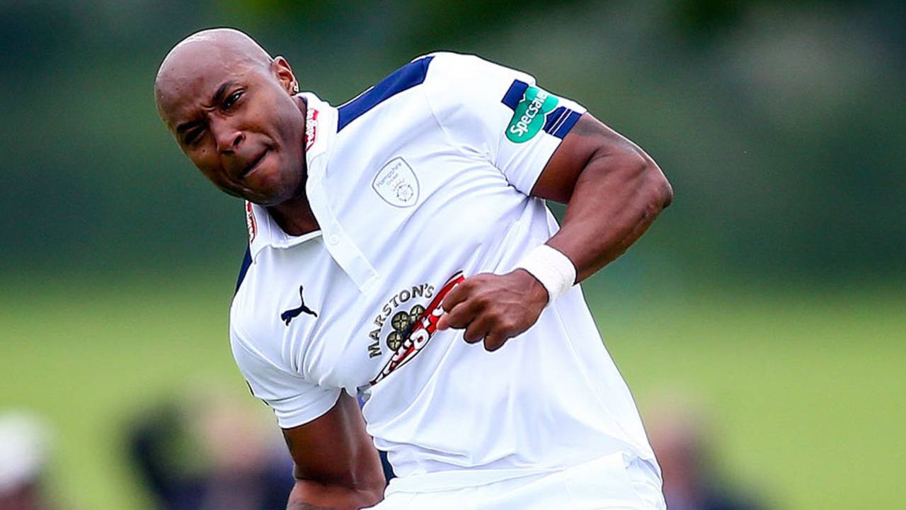 Tino Best celebrates his early dismissal of Sam Robson, Middlesex v Hampshire, County Championship, Division One, Merchant Taylors' School, 1st day, May 29, 2016