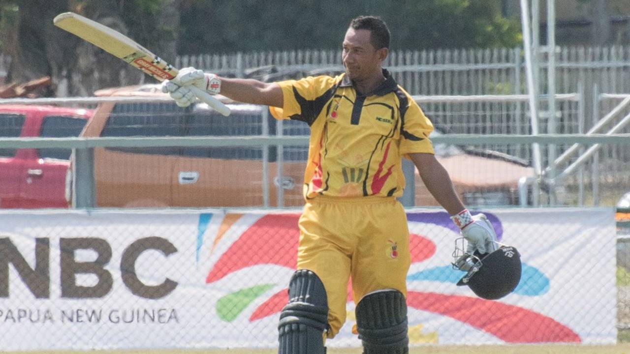 PNG opener Vani Morea celebrates his century, Papaua New Guinea v Kenya, World Cricket League Championship, Port Moresby, May 30, 2016