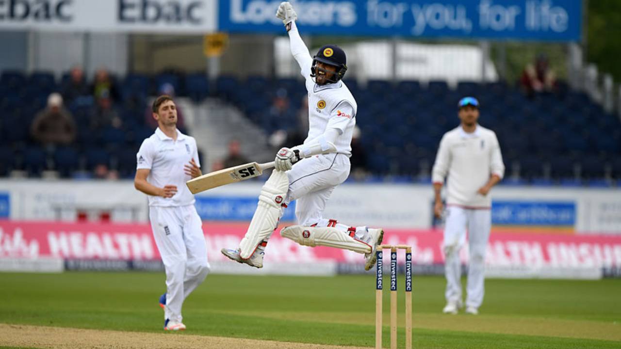 Jumping for joy: Dinesh Chandimal goes to his sixth Test hundred, England v Sri Lanka, 2nd Test, Chester-le-Street, 4th day, May 30, 2016