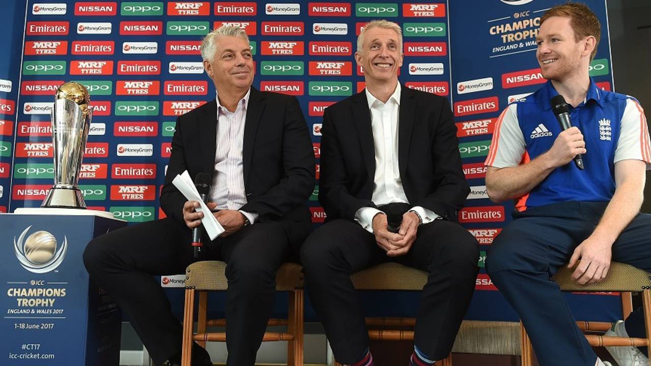 David Richardson, Steve Elworthy and Eoin Morgan address the media during the Champions Trophy 2017 launch, The Oval, June 1, 2016