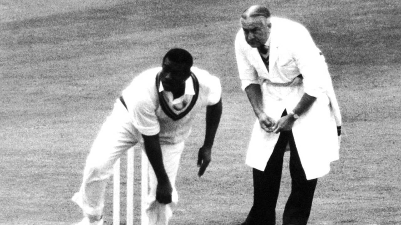 Charlie Griffith bowls as umpire Syd Buller looks on, England v West Indies, 4th Test, Headingley, August 6, 1966