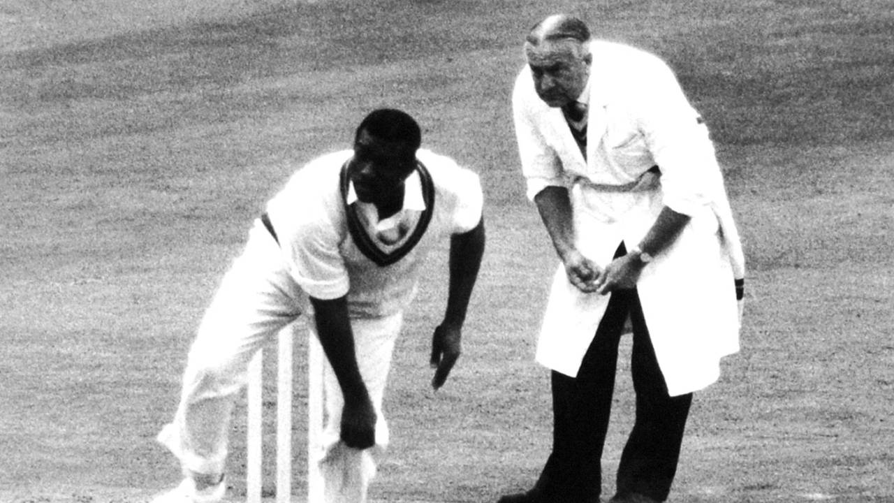 Charlie Griffith bowls as umpire Syd Buller looks on, England v West Indies, 4th Test, Headingley, August 6, 1966