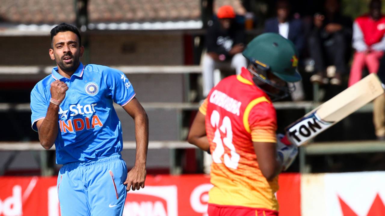 Dhawal Kulkarni is elated after dismissing Chamu Chibhabha for 21, Zimbabwe v India, 2nd ODI, Harare, June 13, 2016