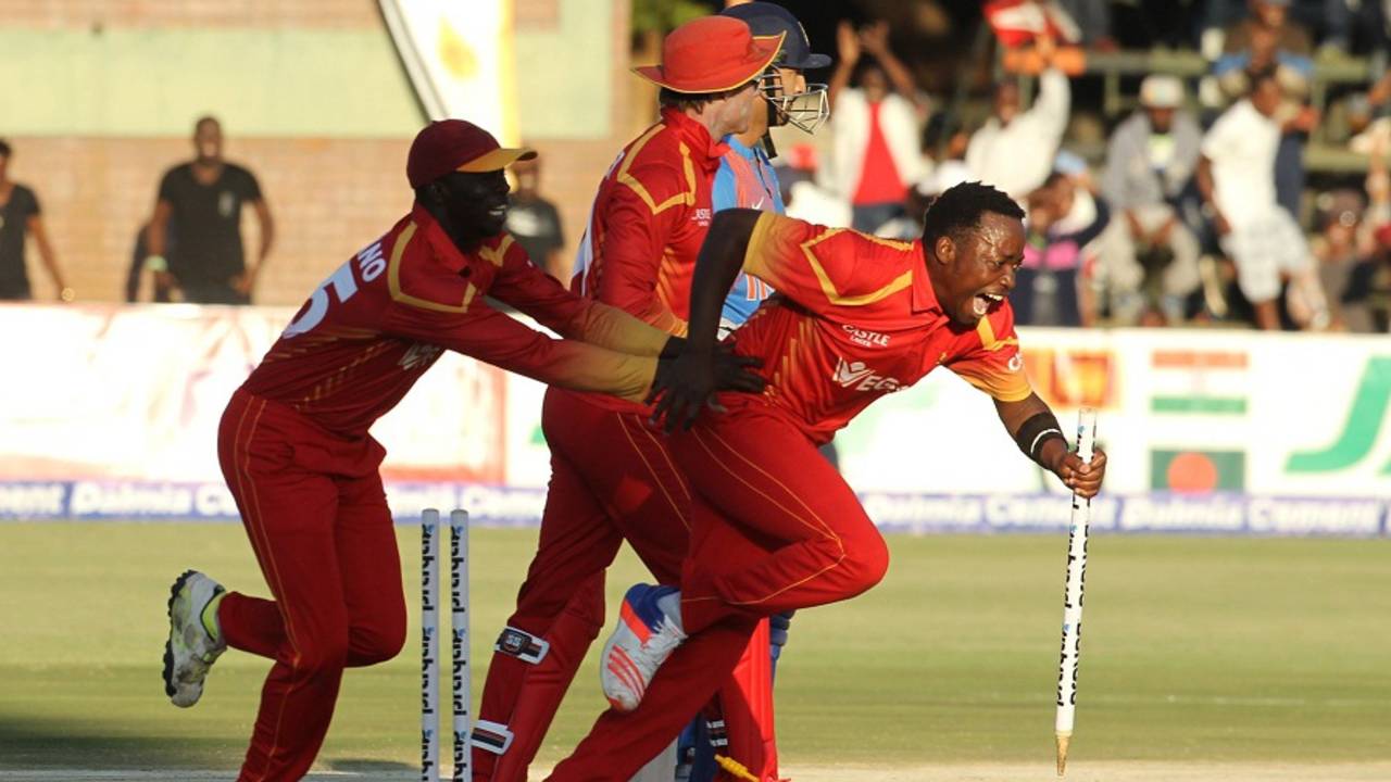 Catch me if you can: Neville Madziva takes off for a celebratory run after sealing Zimbabwe's win, Zimbabwe v India, 1st T20I, Harare, June 18, 2016