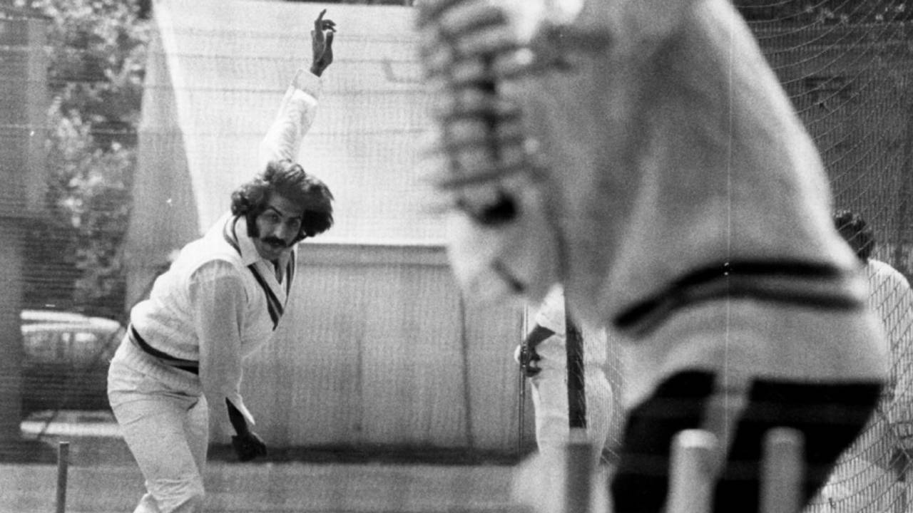 Asif Masood bowls in the nets, Lord's, June 12, 1974