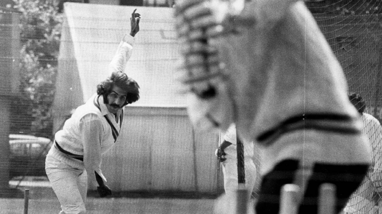 Asif Masood bowls in the nets, Lord's, June 12, 1974
