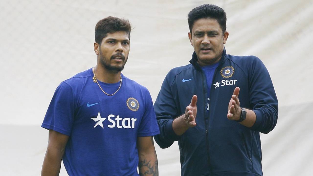Anil Kumble has a chat with Umesh Yadav during a training camp at the National Cricket Academy, Bangalore, June 30, 2016