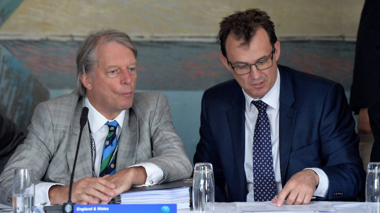 ECB's Giles Clarke looks on in the company of Tom Harrison, Edinburgh, June 30, 2016