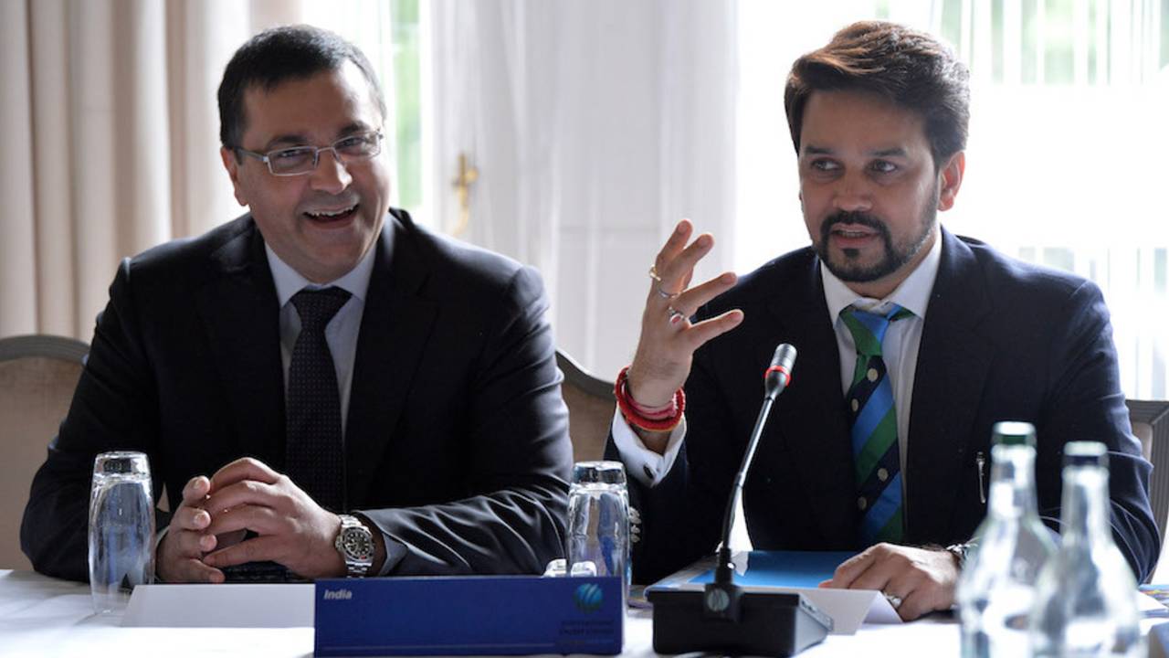 BCCI chief executive Rahul Johri looks on as president Anurag Thakur talks, Edinburgh, June 30, 2016