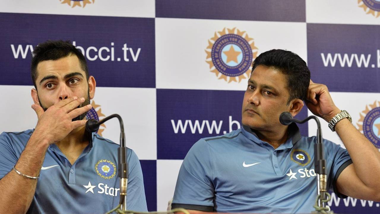 Virat Kohli and Anil Kumble address the media on the final day of the Indian team's preparatory camp at the NCA&nbsp;&nbsp;&bull;&nbsp;&nbsp;Getty Images