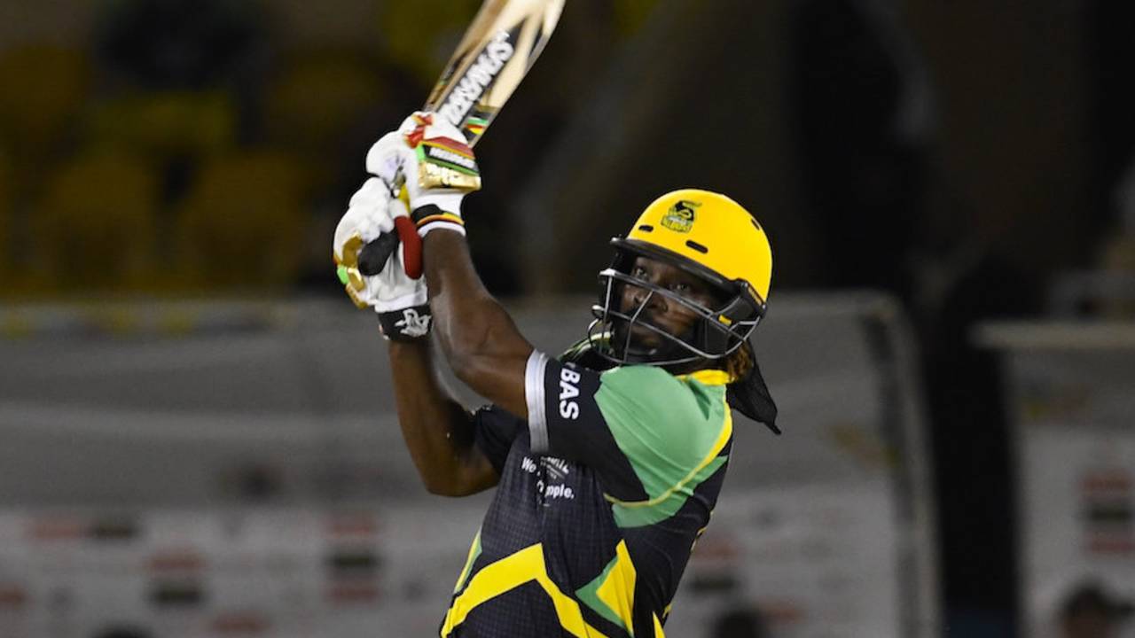 Chris Gayle bludgeons the ball down the ground, Trinbago Knight Riders v Jamaica Tallawahs, CPL 2016, Port of Spain, July 4, 2016