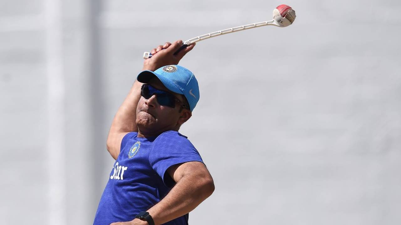 Anil Kumble sends throwdowns using the sidearm during the Indian team's practice session, Basseterre, July 8, 2016