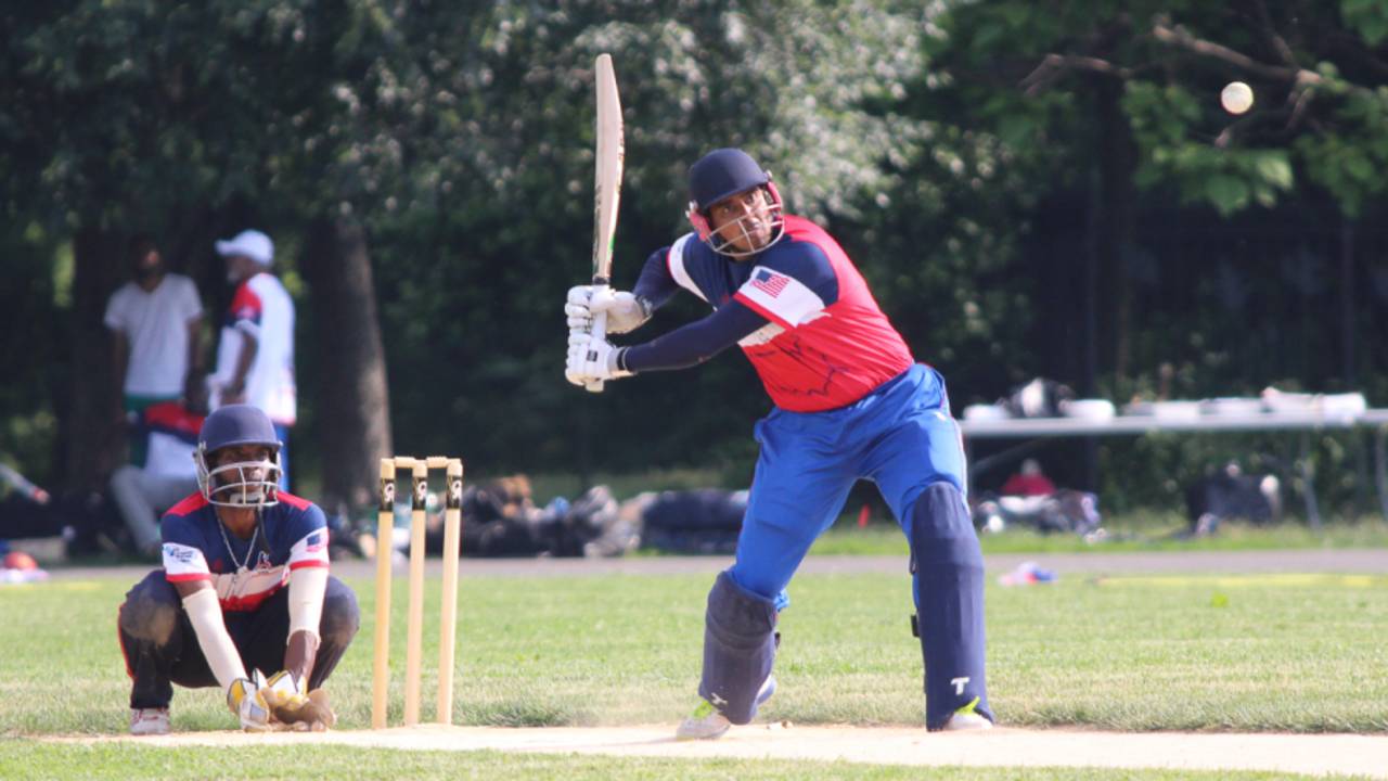 Srini Santhanam winds up to club a full toss, New York ICC Combine, Van Cortlandt Park, Bronx, New York, June 12, 2016