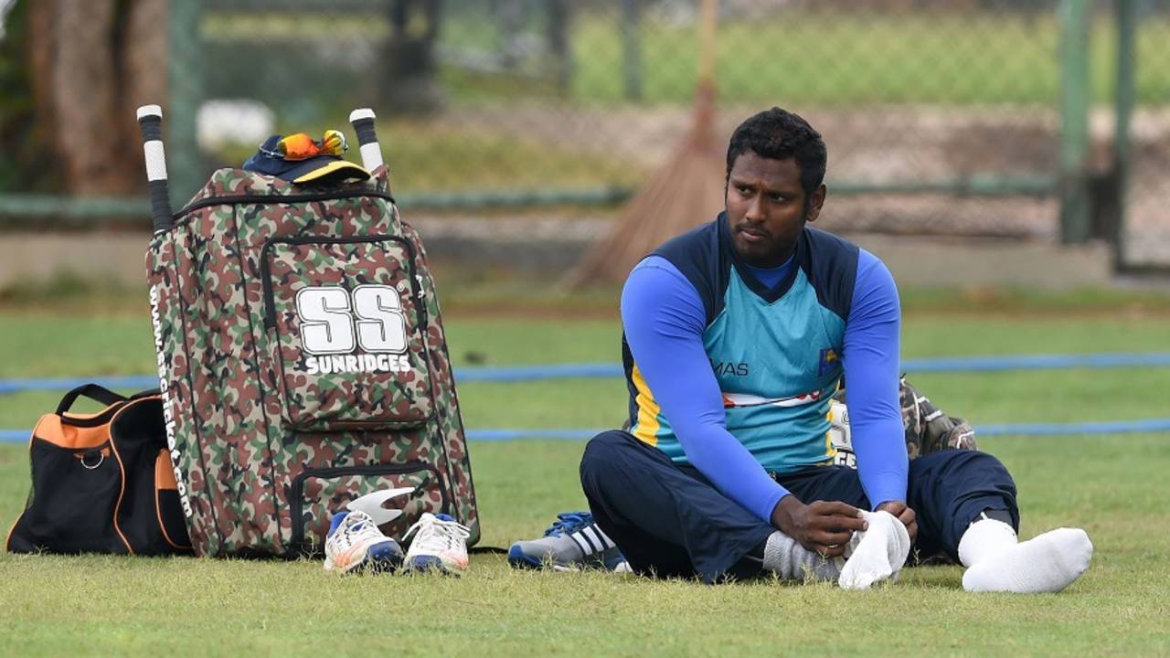 Angelo Mathews takes a breather during training, Colombo, July 15, 2016