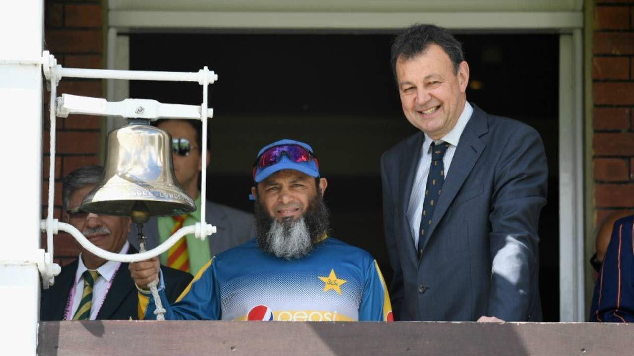 Mushtaq Ahmed rings the five-minute bell alongside MCC chief executive Derek Brewer, England v Pakistan, 1st Investec Test, Lord's, 1st day, July 14, 2016