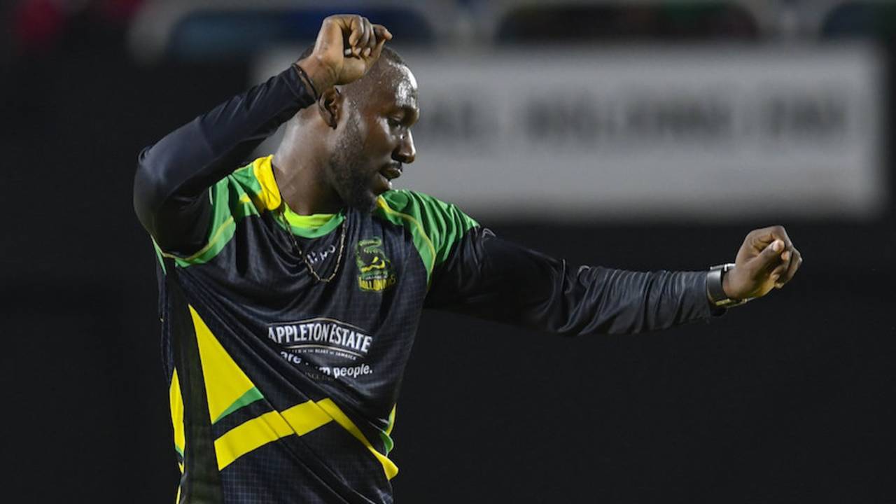 Kesrick Williams shows his moves after taking a wicket, Jamaica Tallawahs v St Kitts and Nevis Patriots, CPL 2016, Kingston, July 16, 2016