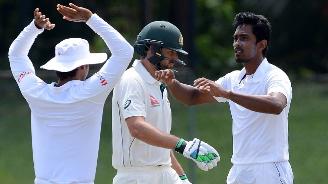 Vimukthi Perera bowled Joe Burns for 72, Sri Lankan XI v Australians, Colombo, July 19, 2016