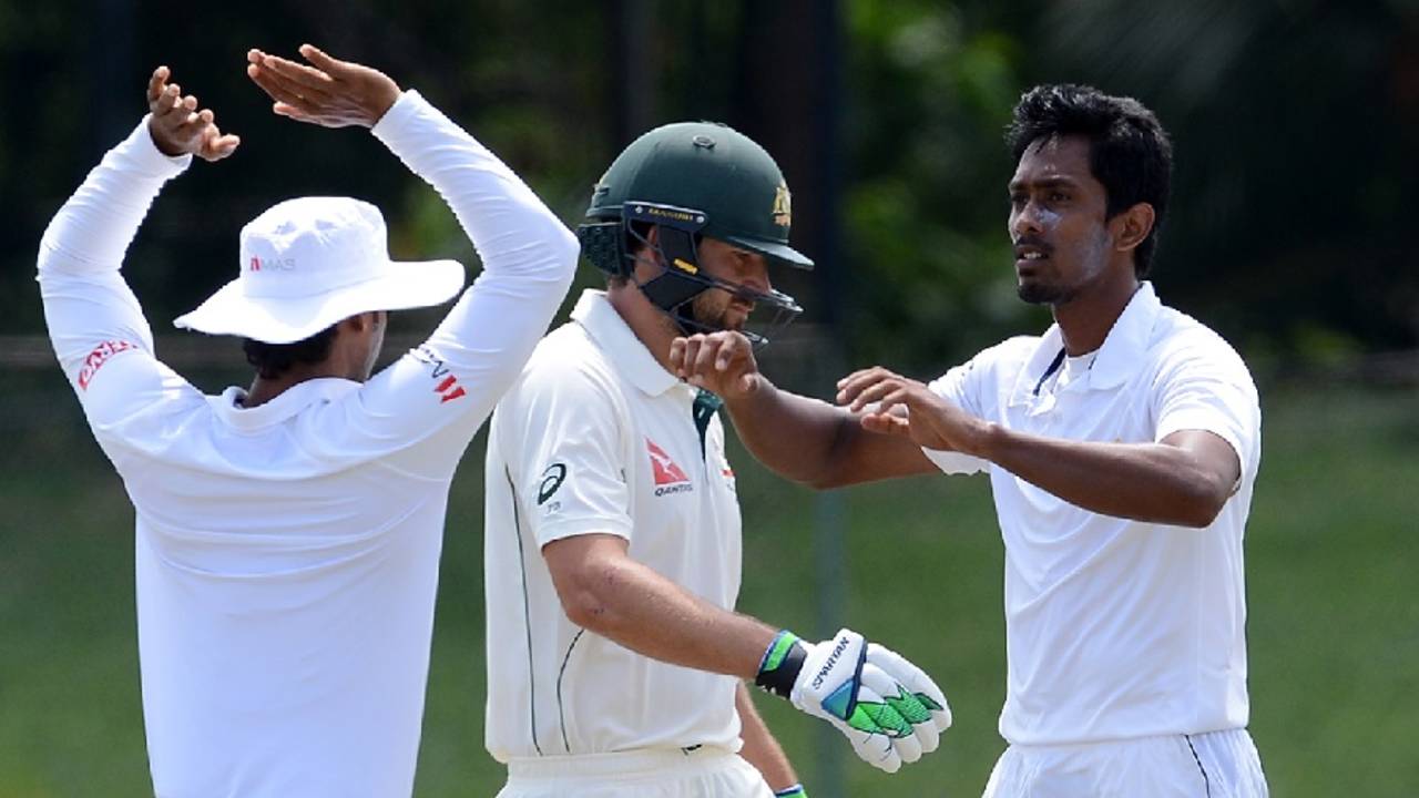 Vimukthi Perera bowled Joe Burns for 72, Sri Lankan XI v Australians, Colombo, July 19, 2016