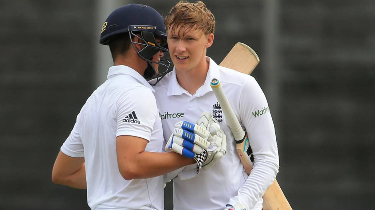 George Bartlett is congratulated on his century, England U-19s v Sri Lanka U-19s, 1st Youth Test, Cambridge, 1st day, July 26, 2016