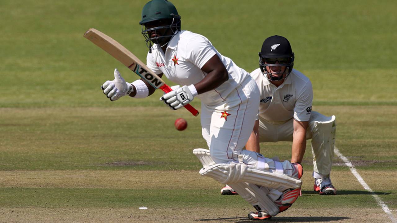 Prince Masvaure looks for a run after playing the ball to the off side, Zimbabwe v New Zealand, 1st Test, Bulawayo, 1st day, July 28, 2016