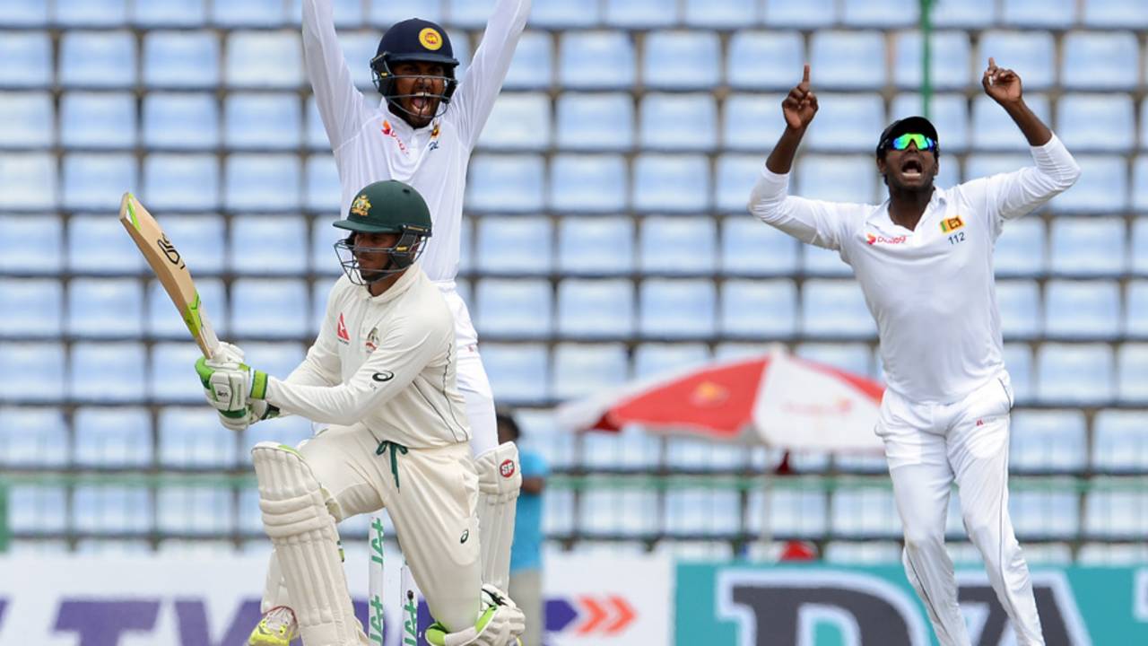 Usman Khawaja falls lbw to Dilruwan Perera after missing a sweep shot, Sri Lanka v Australia, 1st Test, Pallekele, 4th day, July 29, 2016