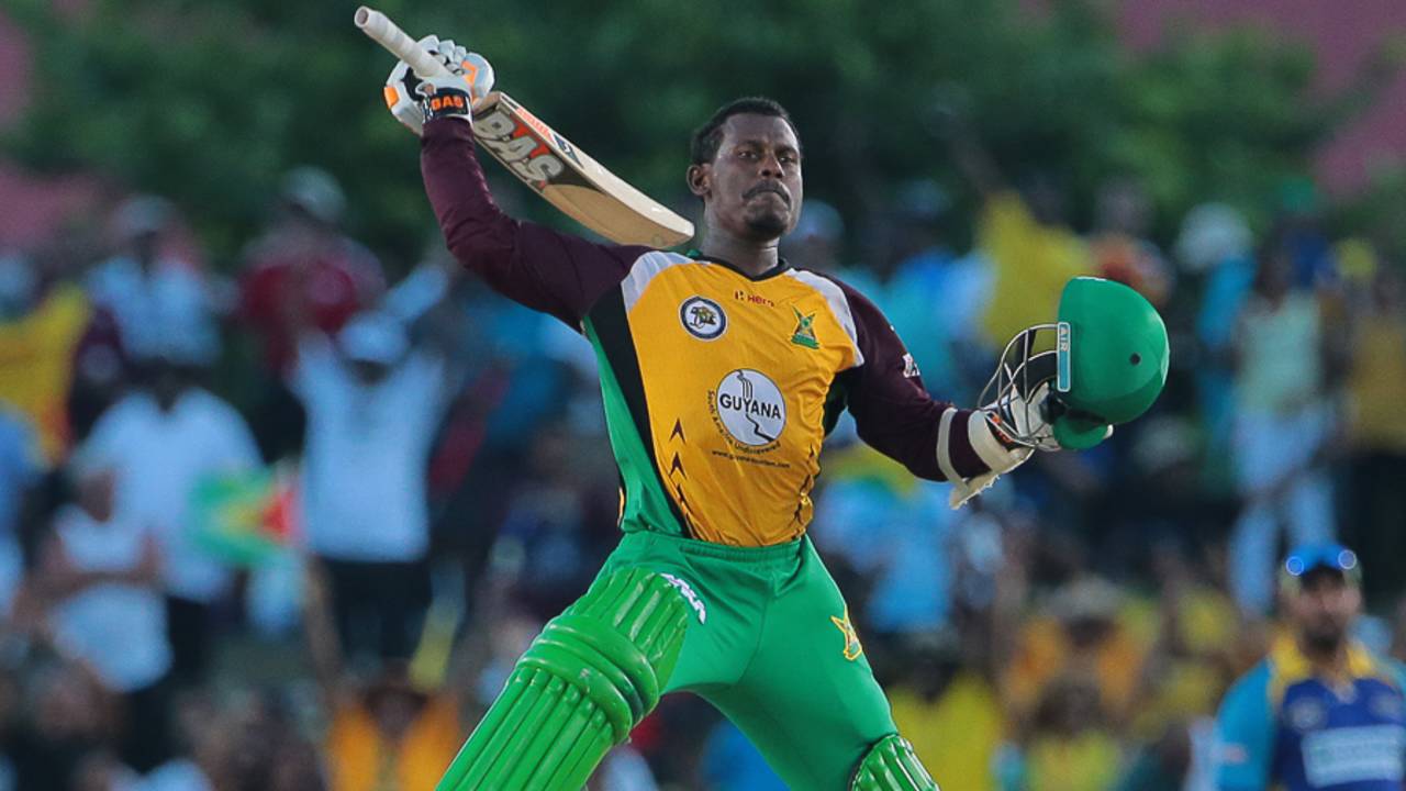 Jason Mohammed leaps to celebrate after hitting the winning six, Barbados Tridents v Guyana Amazon Warriors, CPL 2016, Lauderhill, July 30, 2016