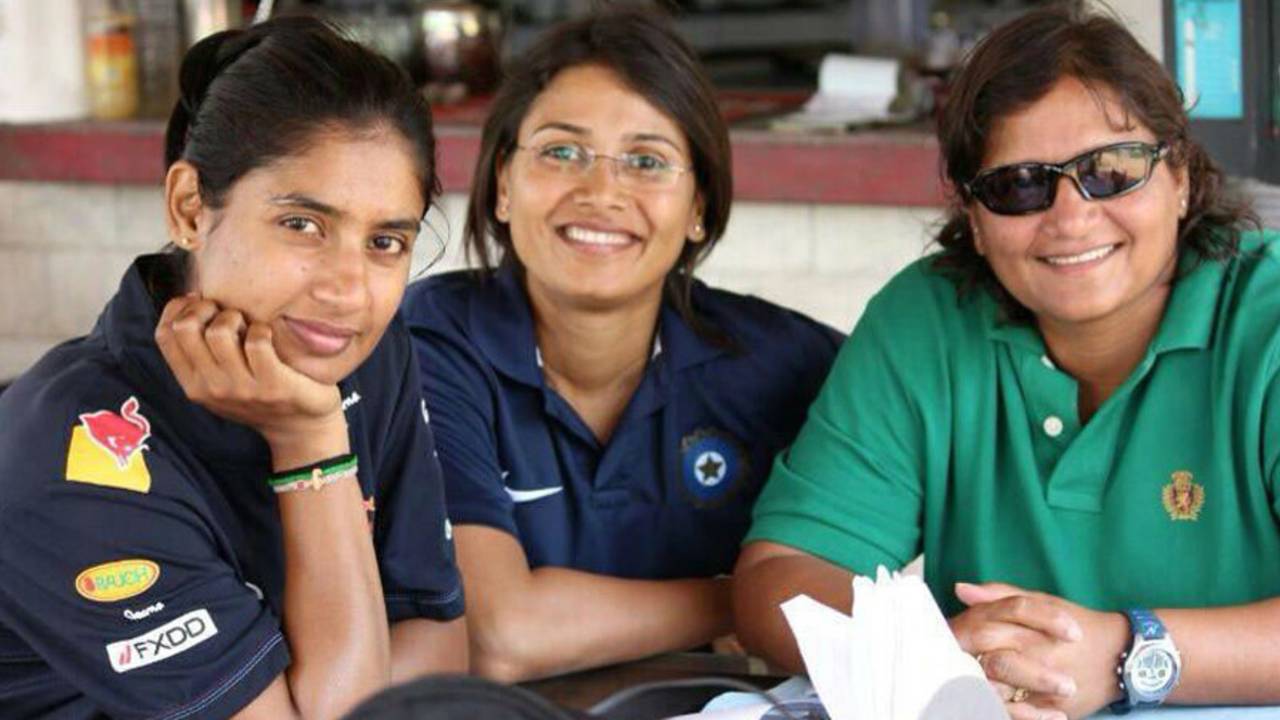 Mithali Raj, assistant coach Devika Palshikar and Purnima Rau at the 2014 World T20